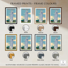Pisa Italy Leaning Tower Art Print | Travel Poster framed in various colors including black, white, natural, and brown.