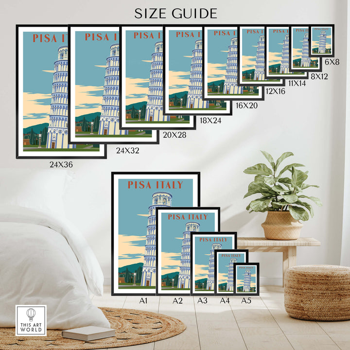 Pisa Italy Leaning Tower Art Print | Travel Poster size guide showing various frame sizes and home decor setup.