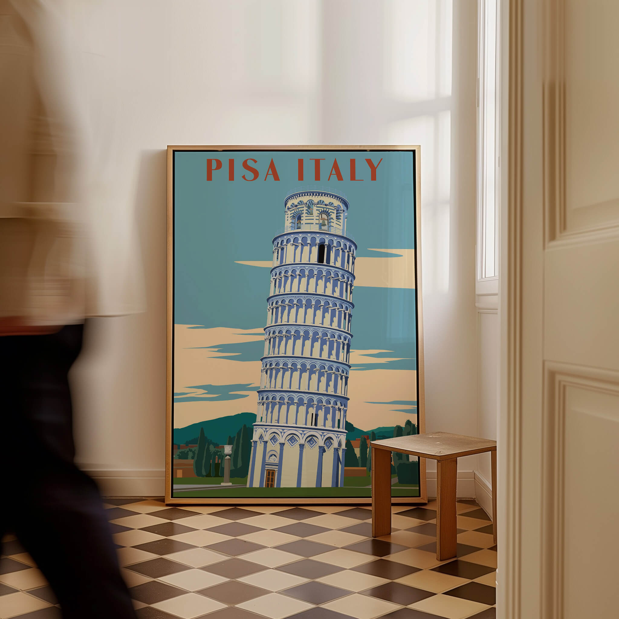 Pisa Italy Leaning Tower Art Print | Travel Poster displayed in a stylish interior setting.