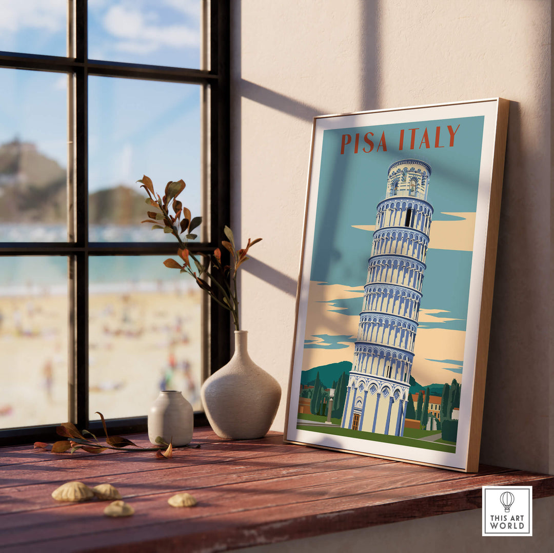 Pisa Italy Leaning Tower Art Print | Travel Poster displayed in a sunny room with a beach view.