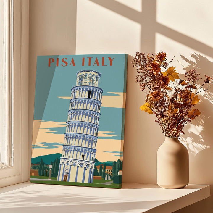 Pisa Italy Leaning Tower Art Print | Travel Poster displayed in a sunny room with a vase of flowers.
