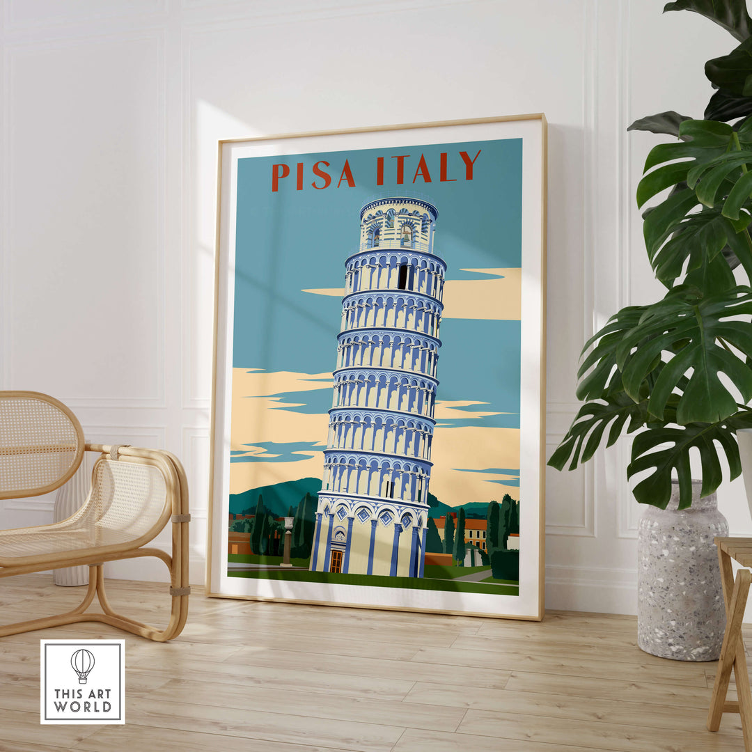 Pisa Italy Leaning Tower Art Print | Travel Poster decor featuring the famous Leaning Tower of Pisa in stylish art design.