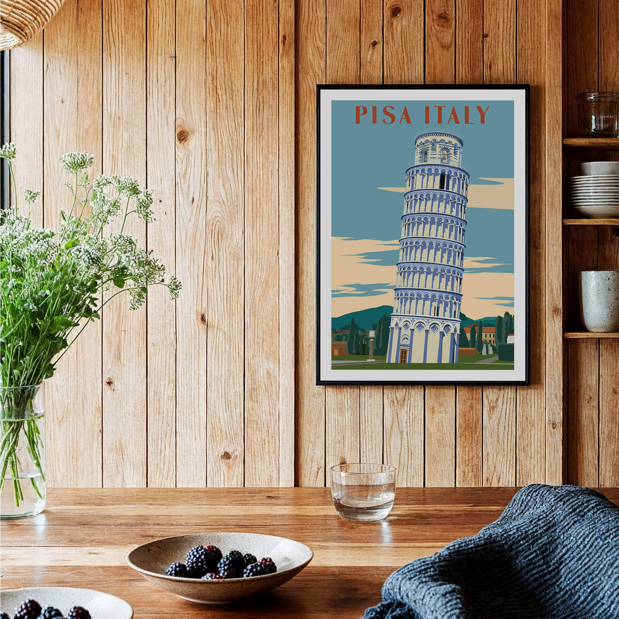 Pisa Italy Leaning Tower Art Print | Travel Poster displayed in a cozy interior, featuring a wooden backdrop.