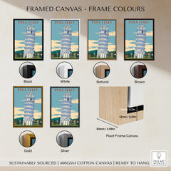 Pisa Italy Leaning Tower Art Print | Travel Poster showcased in various frame colors including black, white, natural, brown, gold, silver.