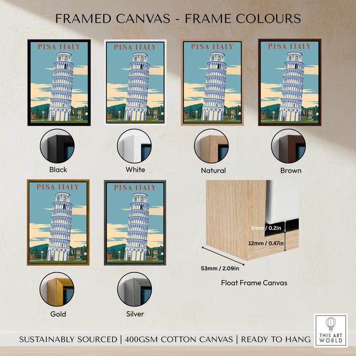 Pisa Italy Leaning Tower Art Print | Travel Poster showcased in various frame colors including black, white, natural, brown, gold, silver.