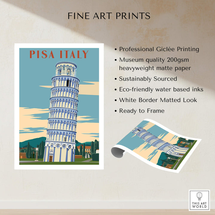 Pisa Italy Leaning Tower Art Print | Travel Poster showcasing Giclée printing on heavyweight matte paper.