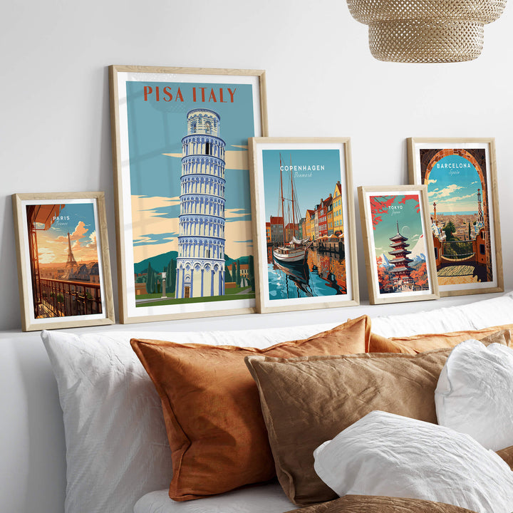 Pisa Italy Leaning Tower Art Print | Travel Poster displayed in a stylish gallery wall setting.