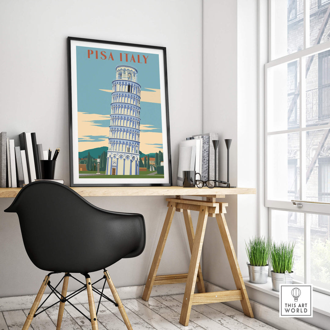 Pisa Italy Leaning Tower Art Print | Travel Poster displayed in a stylish workspace decor.