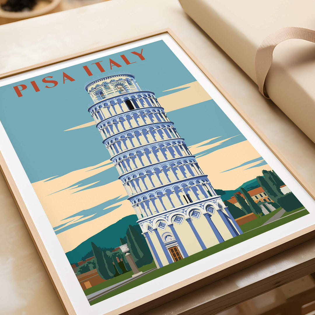 Pisa Italy Leaning Tower Art Print | Travel Poster showcasing the iconic Leaning Tower of Pisa with modern design elements.