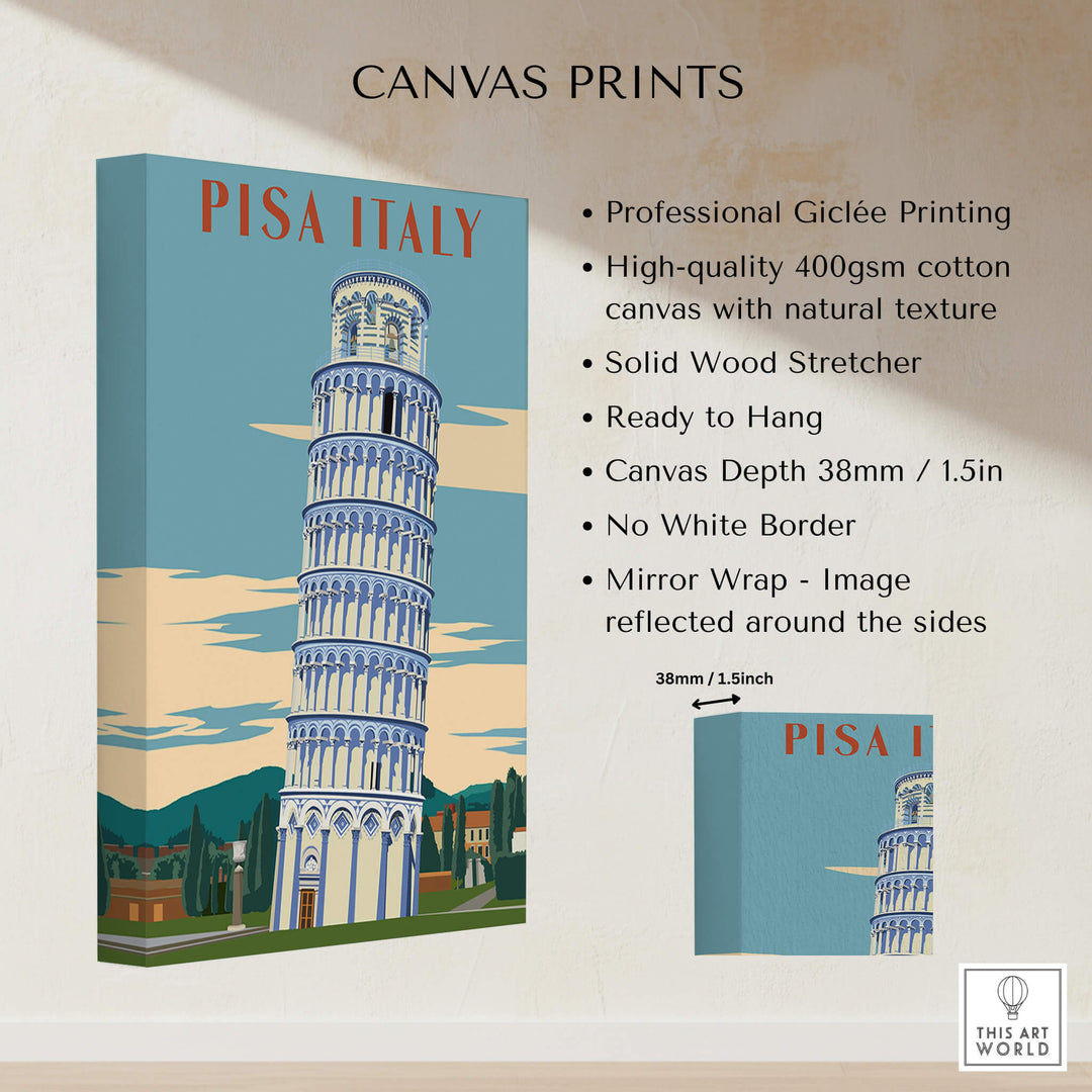 Pisa Italy Leaning Tower Art Print | Travel Poster canvas print features professional giclée printing and sleek design.