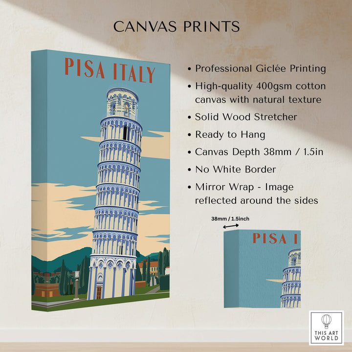Pisa Italy Leaning Tower Art Print | Travel Poster canvas print features professional giclée printing and sleek design.