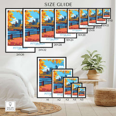 Pittsburgh Poster Pennsylvania size guide showcasing various frame sizes for the Pittsburgh Poster.