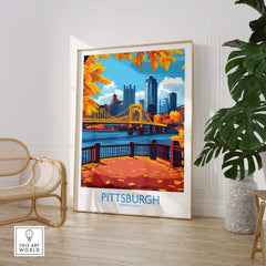 Pittsburgh Poster Pennsylvania showcasing vibrant fall foliage and iconic city skyline.