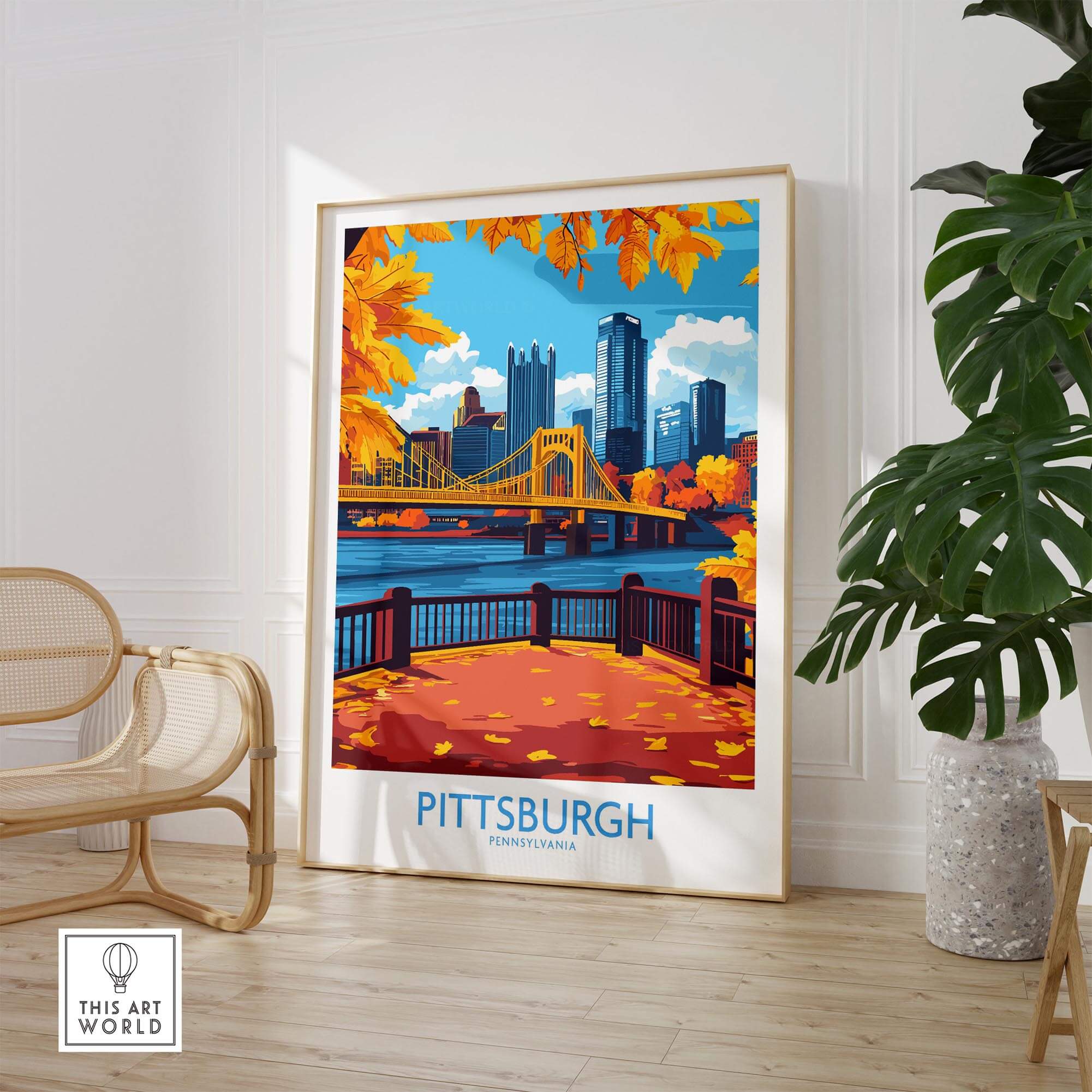 Pittsburgh Poster Pennsylvania showcasing vibrant fall foliage and iconic city skyline.