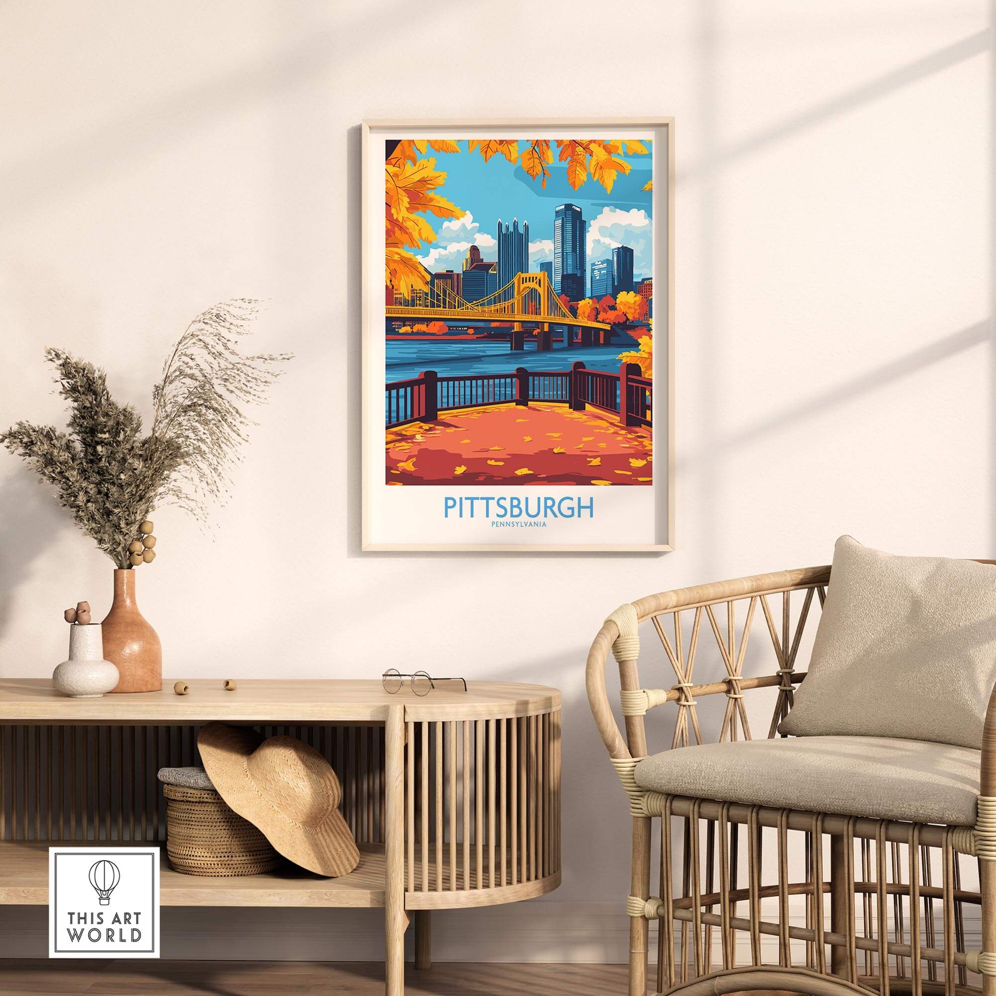 A framed Pittsburgh Poster Pennsylvania showcasing the city's skyline and autumn foliage in a stylish interior setting.