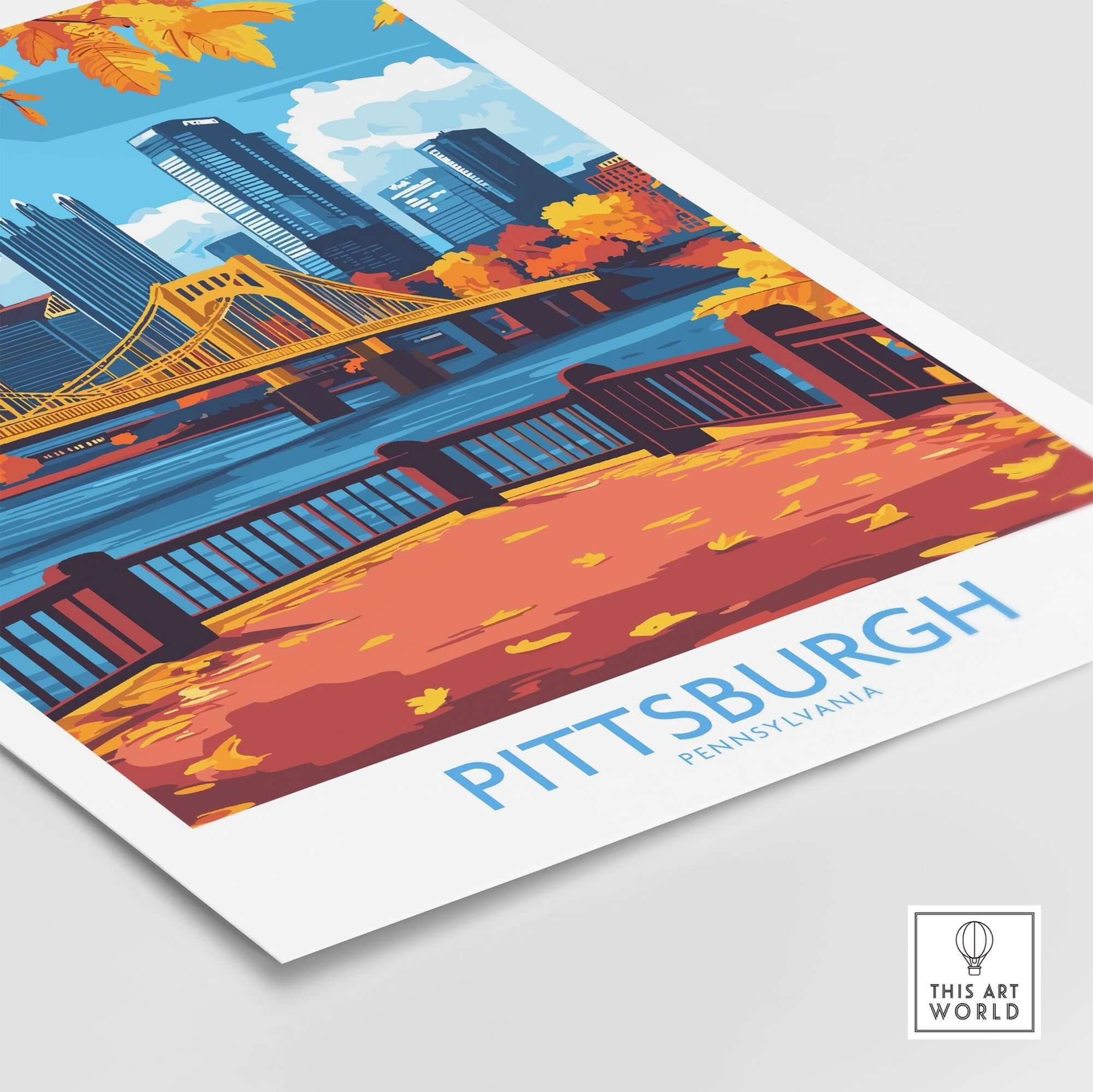 Pittsburgh Poster Pennsylvania showcasing Pittsburgh's skyline and autumn foliage, perfect for home or office decor.