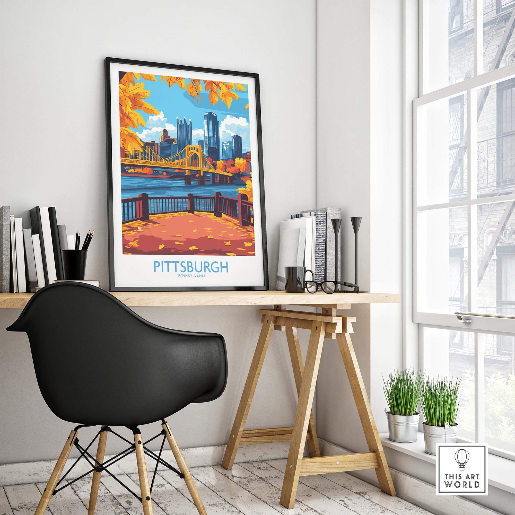 Pittsburgh Poster Pennsylvania displayed in a stylish home office, showcasing the city's iconic skyline and vibrant autumn colors.
