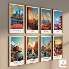 Pittsburgh Poster Pennsylvania showcasing iconic Pittsburgh landmarks and vibrant scenes in a framed art collection.