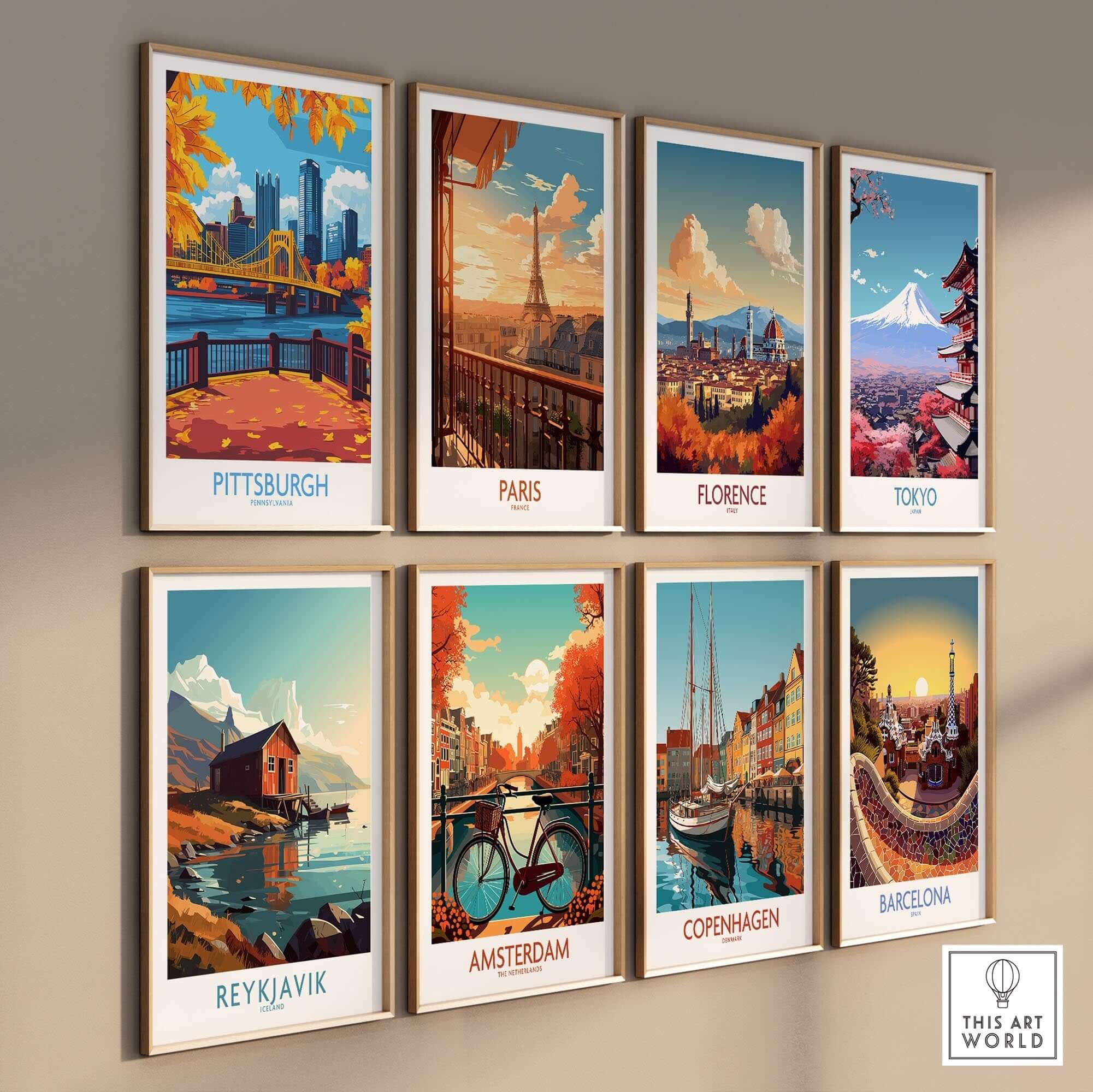 Pittsburgh Poster Pennsylvania showcasing iconic Pittsburgh landmarks and vibrant scenes in a framed art collection.