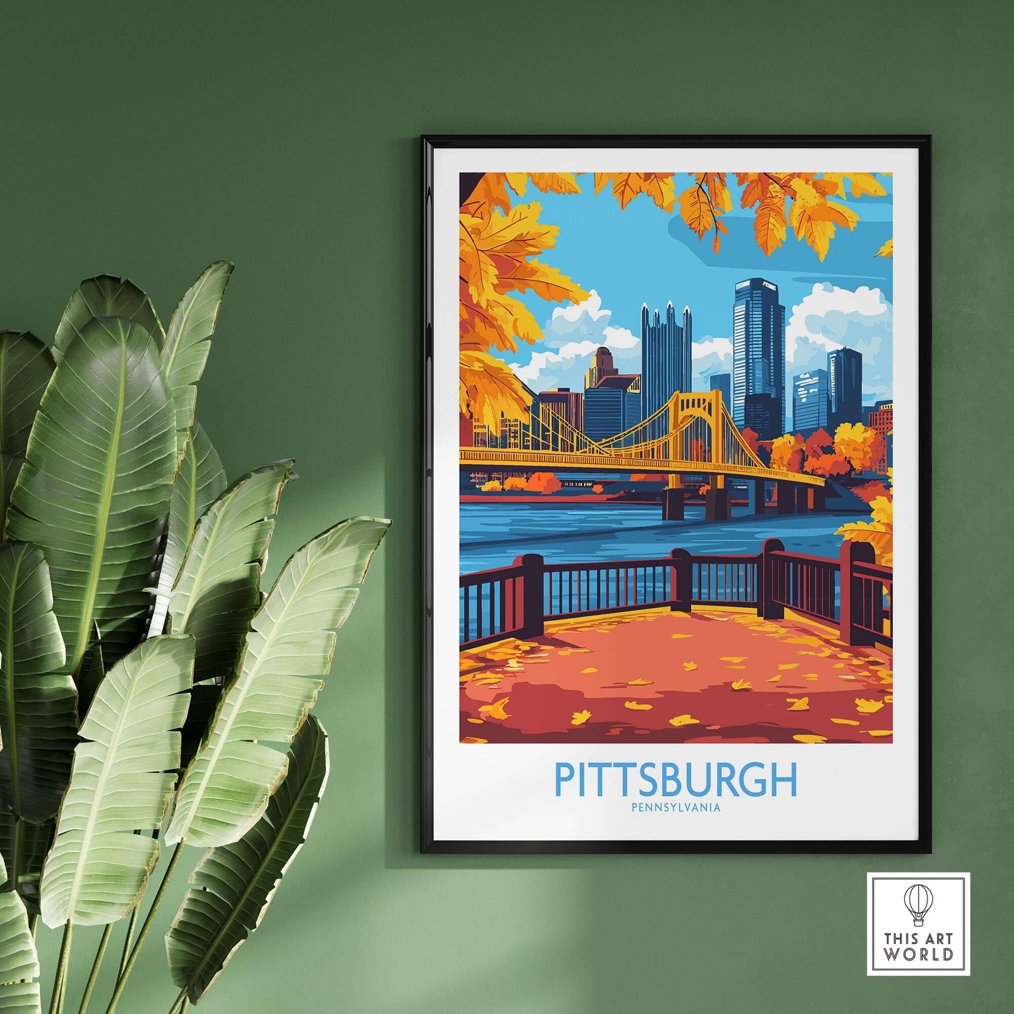 Pittsburgh Poster Pennsylvania featuring autumn leaves and iconic skyline with a river view.