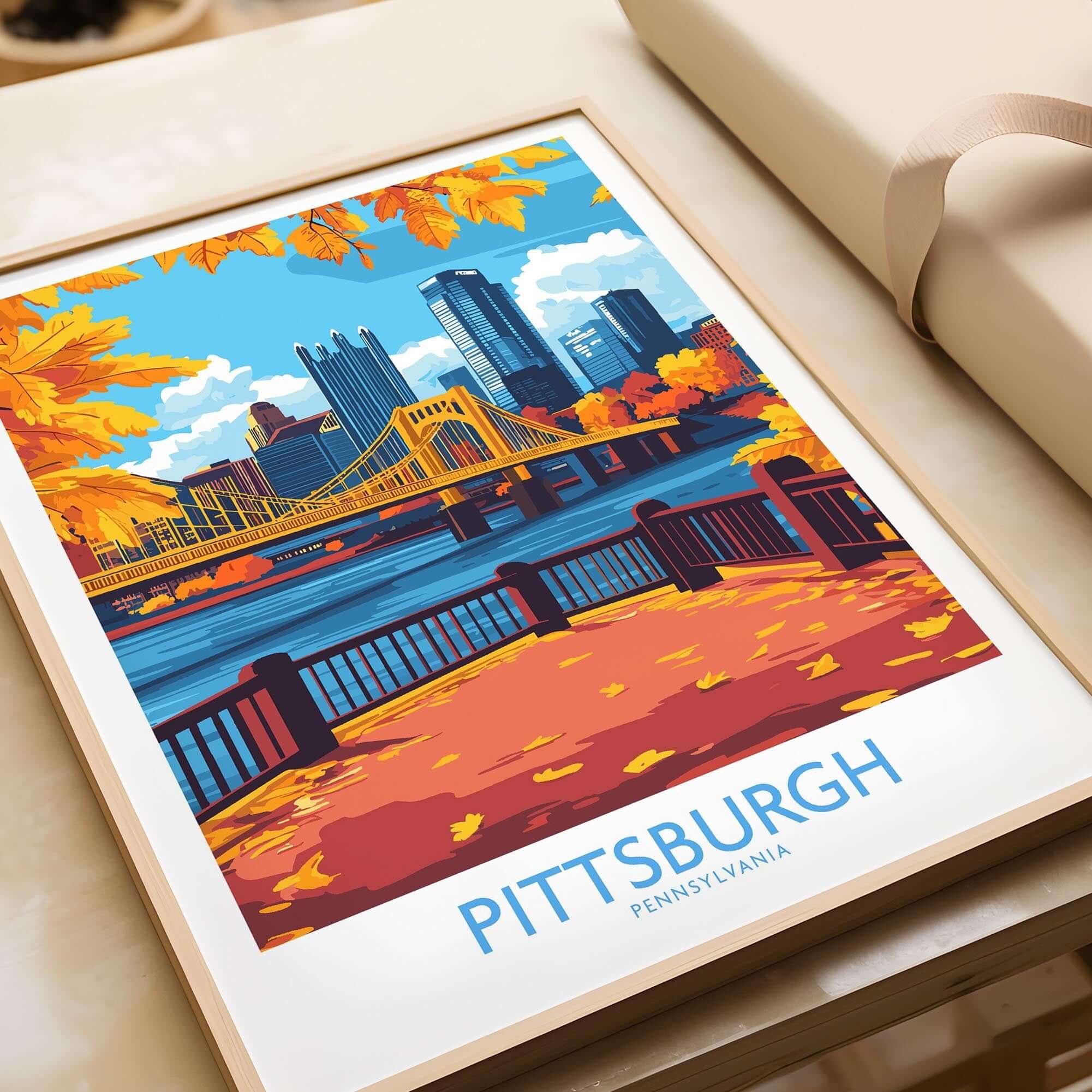 Pittsburgh Poster Pennsylvania featuring the city skyline and autumn scenery with colorful leaves in a stylish frame.