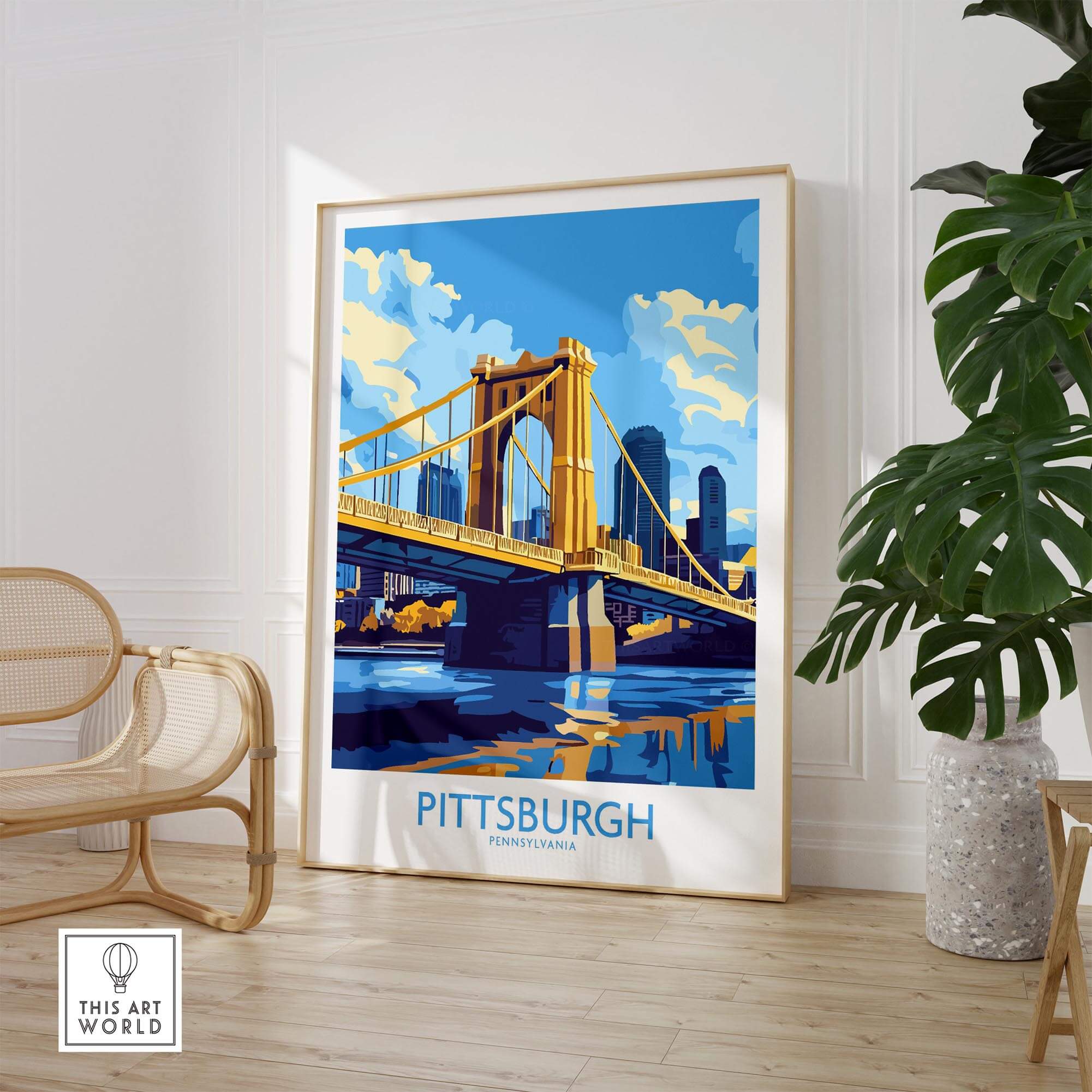 Pittsburgh Travel Poster showcasing the iconic yellow bridge and skyline in vibrant colors, perfect for home decor.