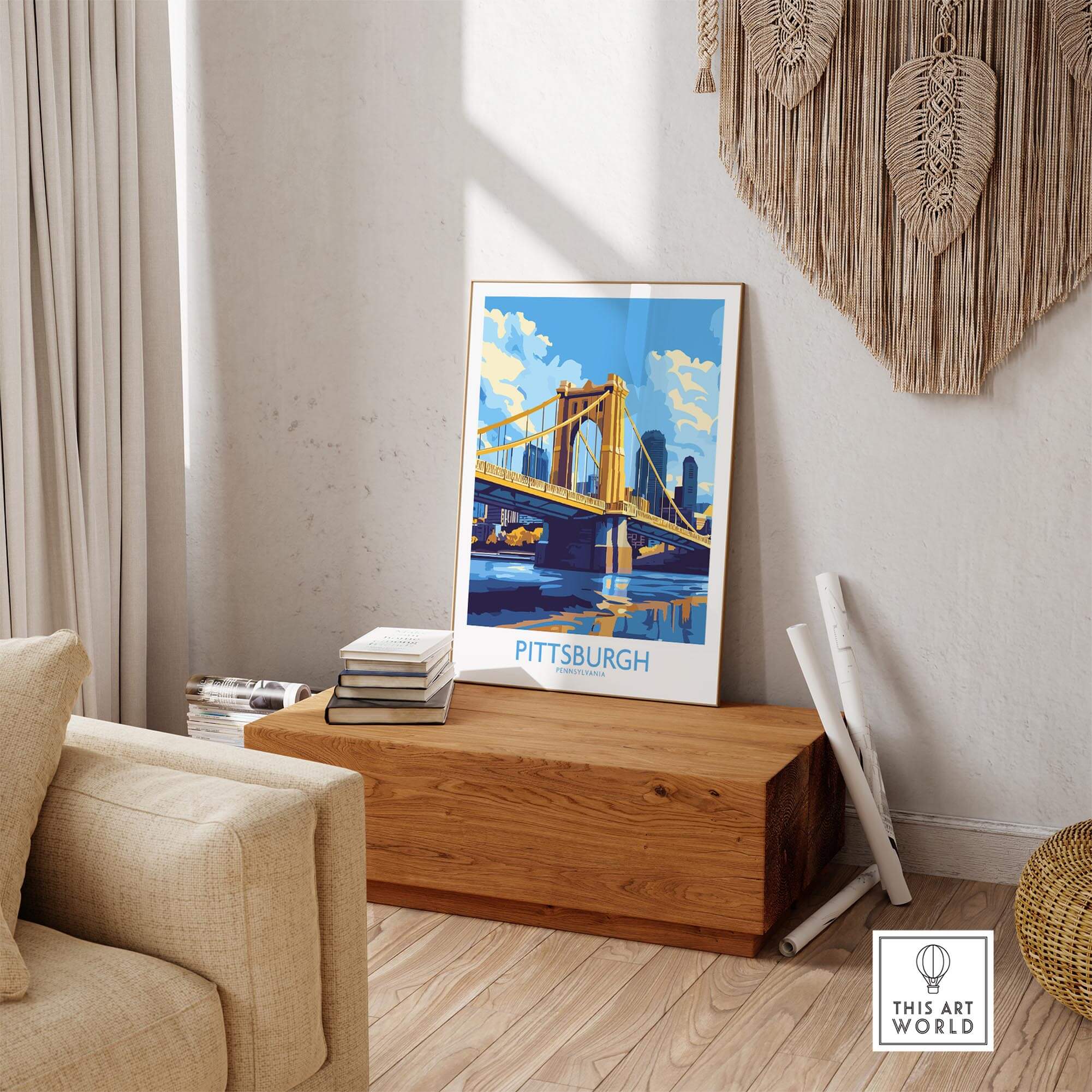 Pittsburgh Travel Poster showcasing the iconic Pittsburgh skyline and a bridge, displayed in a stylish living room setting.