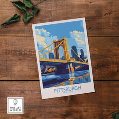 Pittsburgh Travel Poster showcasing the iconic bridge and skyline of Pittsburgh, perfect wall art for city lovers.