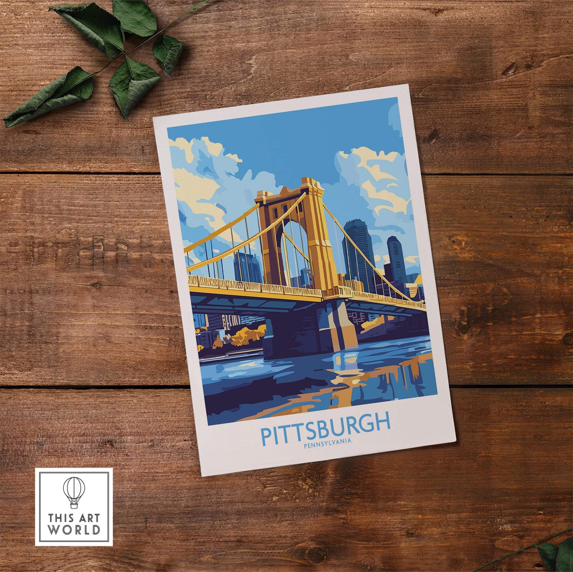 Pittsburgh Travel Poster showcasing the iconic bridge and skyline of Pittsburgh, perfect wall art for city lovers.
