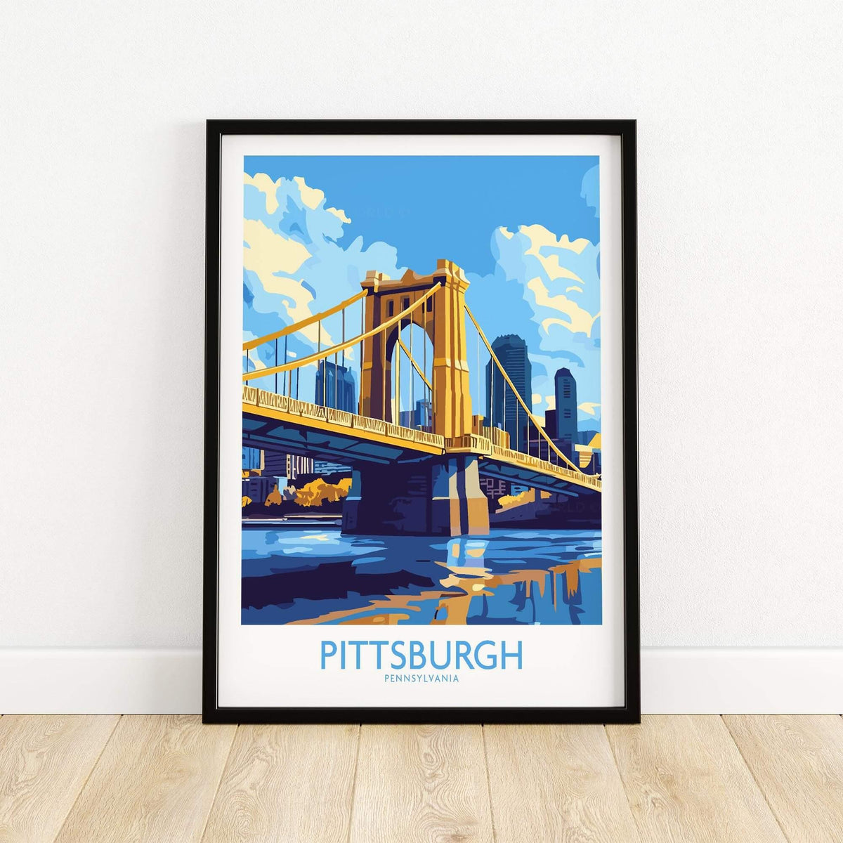 Pittsburgh Travel Poster featuring the iconic yellow bridge and skyline in vibrant colors.