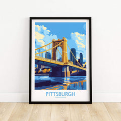 Pittsburgh Travel Poster featuring the iconic yellow bridge and skyline in vibrant colors.