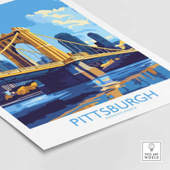 Pittsburgh Travel Poster showcasing a vibrant illustration of the city and its iconic bridge over water.