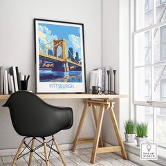 Pittsburgh Travel Poster showcasing the iconic bridge and skyline, perfect wall art for home decor.