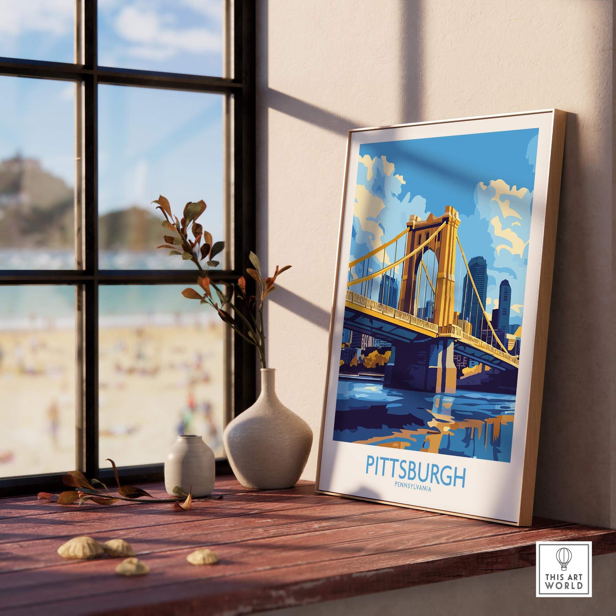 Pittsburgh Travel Poster featuring the iconic bridge and skyline, perfect wall art for home decor.