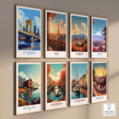 Collection of vibrant travel posters including Pittsburgh Travel Poster and others, showcasing iconic landmarks.