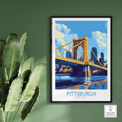 Pittsburgh Travel Poster featuring the iconic yellow bridge and skyline, perfect wall art for lovers of Pittsburgh.
