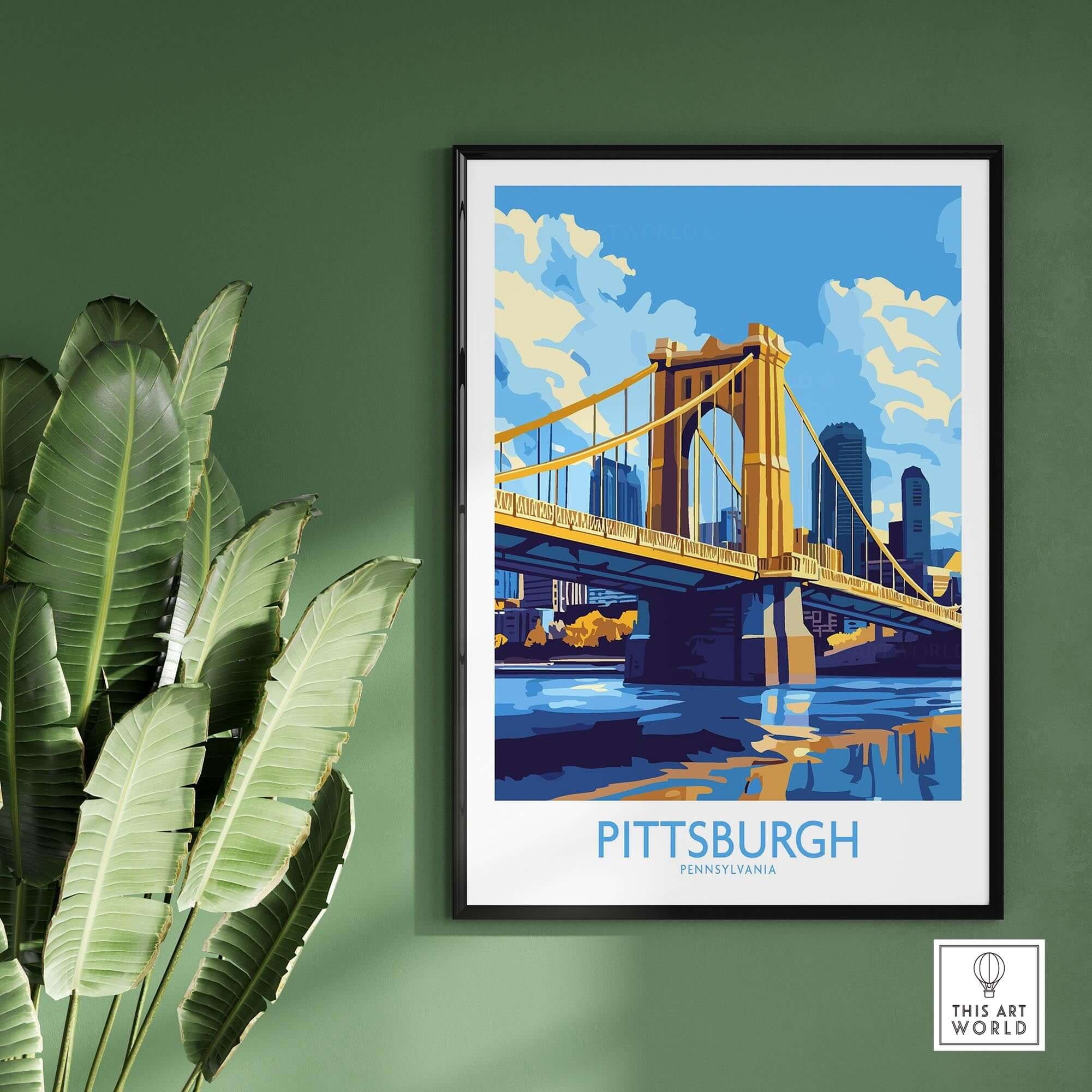 Pittsburgh Travel Poster featuring the iconic yellow bridge and skyline, perfect wall art for lovers of Pittsburgh.