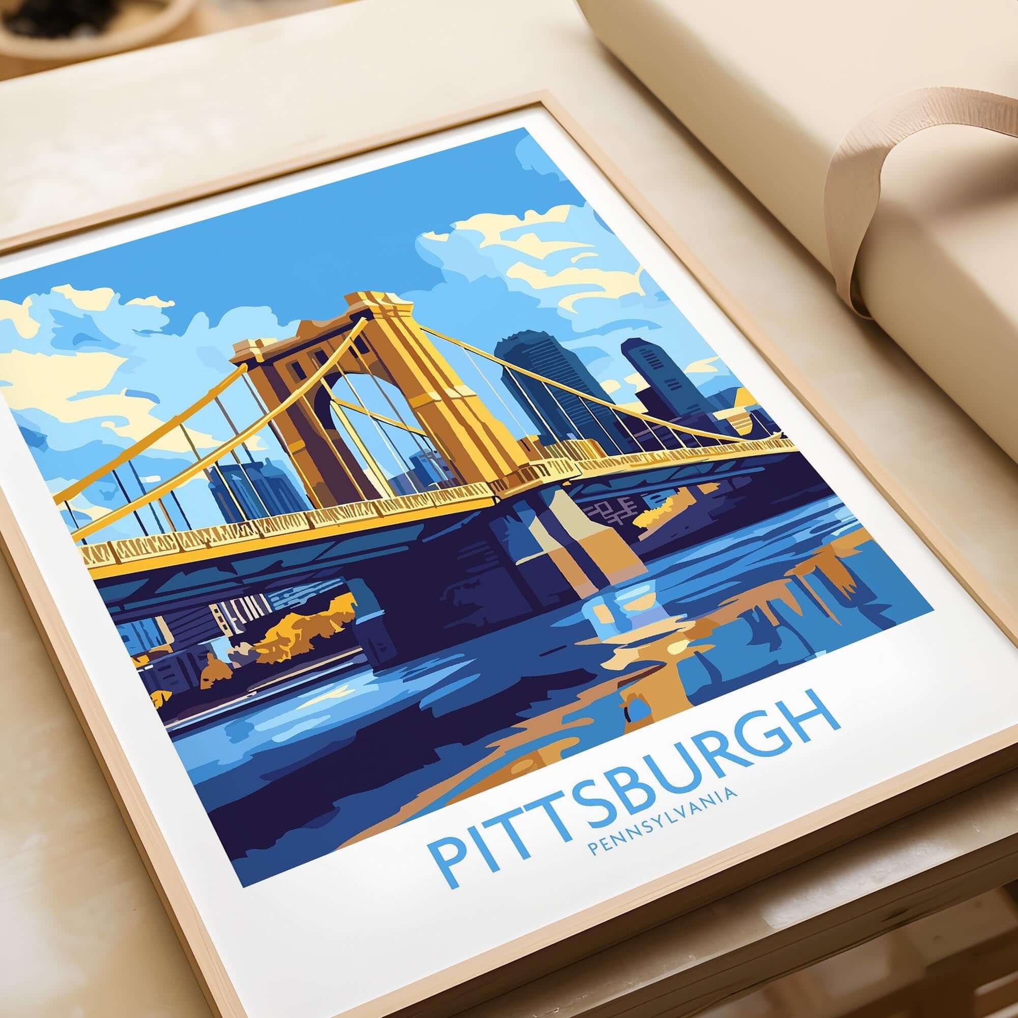 Pittsburgh Travel Poster featuring the iconic Golden Bridge and vibrant cityscape in blue and yellow hues.