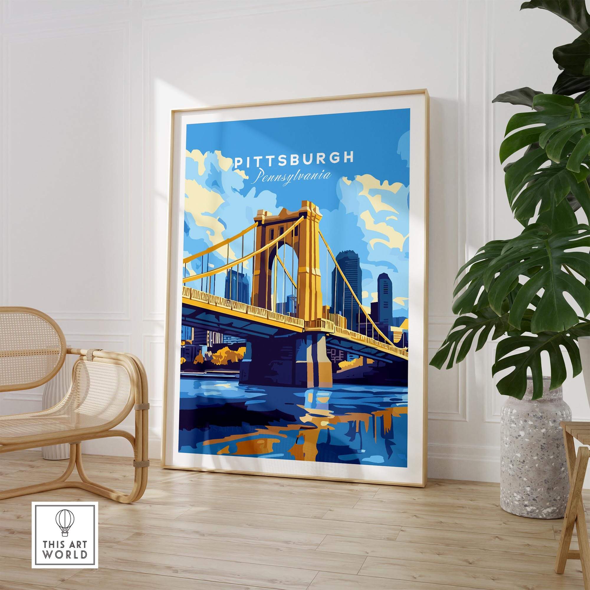 Pittsburgh Travel Print featuring the iconic yellow bridge over water in vibrant colors.