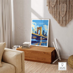 Pittsburgh Travel Print showcasing the iconic bridge in vibrant colors, perfect for home or office decor.