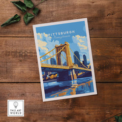 Pittsburgh Travel Print showcasing the iconic yellow bridge against a vibrant blue sky, perfect for home decor.