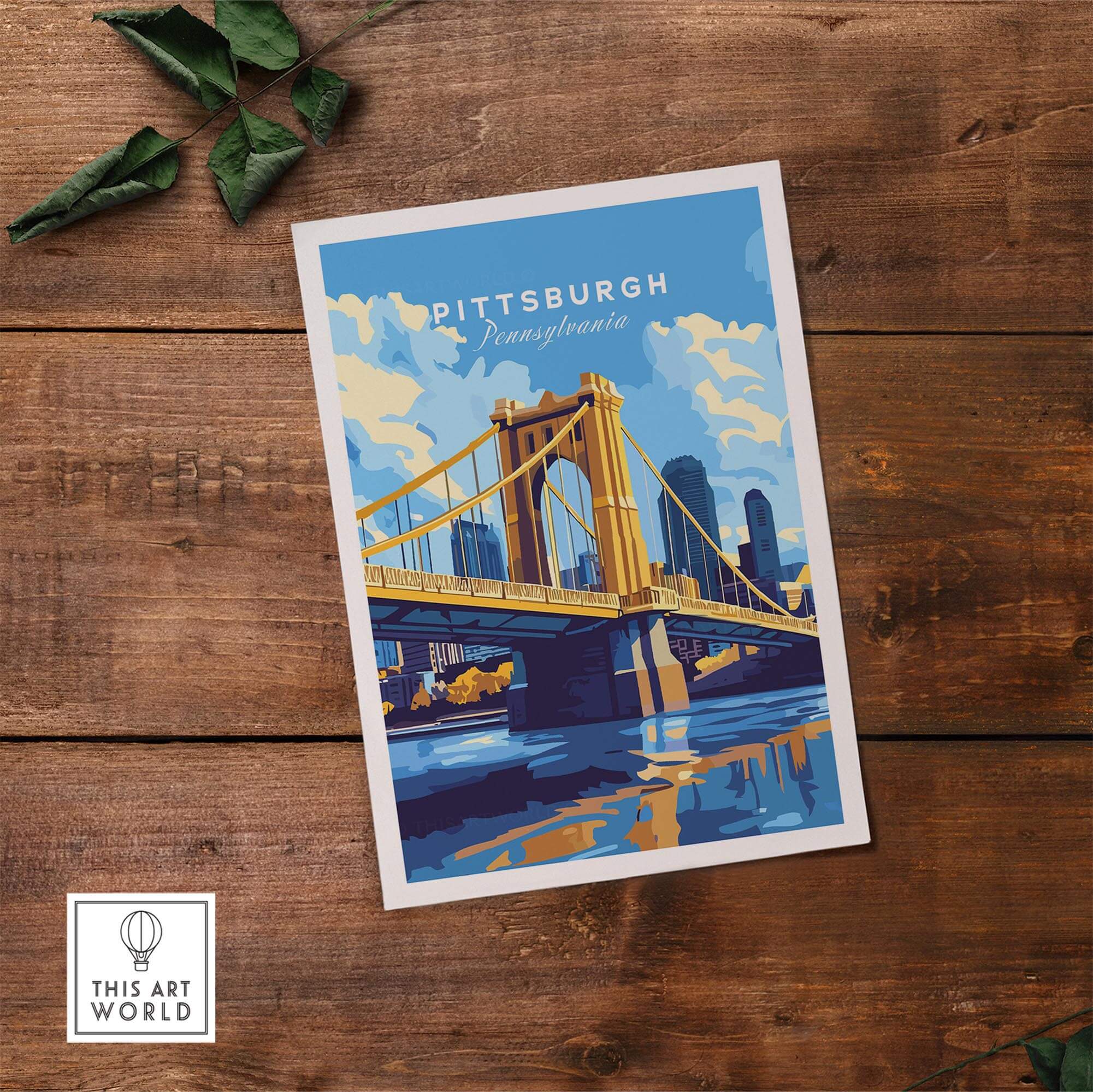 Pittsburgh Travel Print showcasing the iconic yellow bridge against a vibrant blue sky, perfect for home decor.