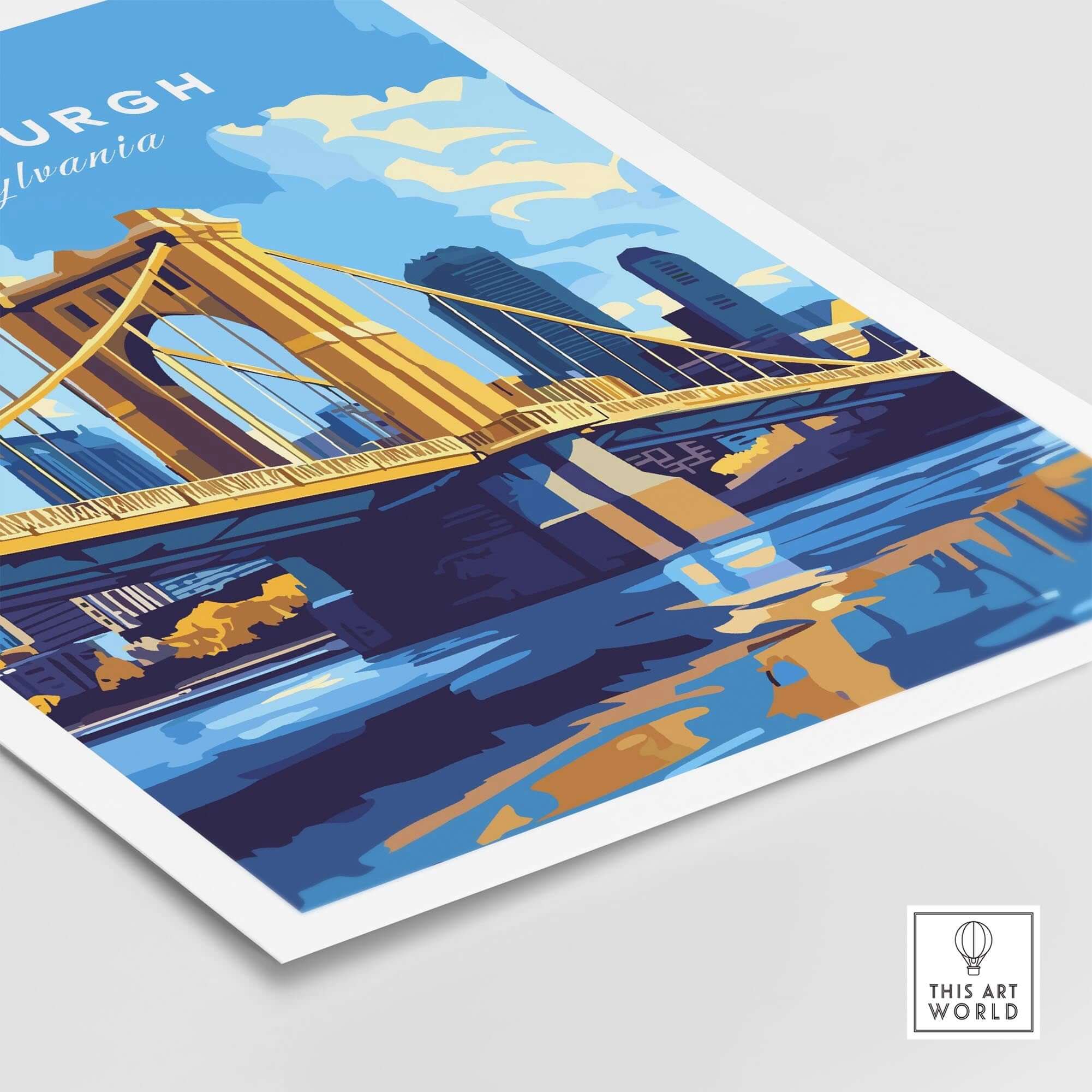 Pittsburgh Travel Print showcasing the iconic bridge and skyline of Pittsburgh, Pennsylvania with vibrant colors.