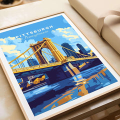 Pittsburgh Travel Print depicting the iconic bridge and skyline of Pittsburgh, Pennsylvania in vibrant colors.