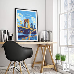 Pittsburgh Travel Print showcasing the iconic bridge and vibrant colors in a stylish home office setting.