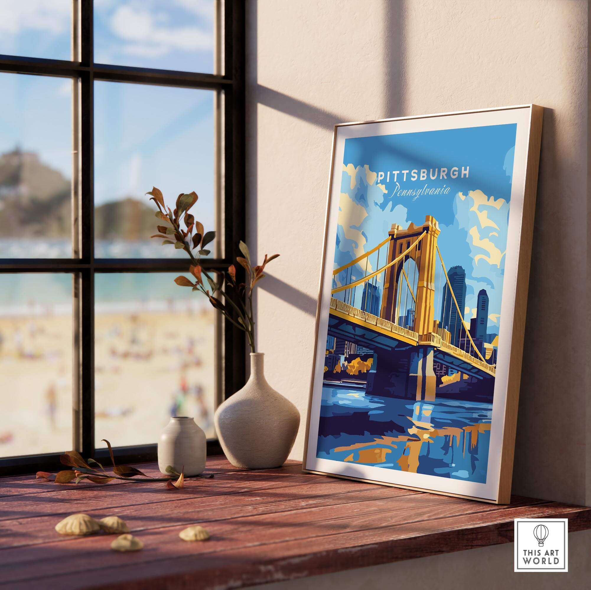 Pittsburgh Travel Print showcasing the iconic yellow bridge and skyline, perfect for home or office decor.
