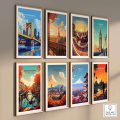 Framed Pittsburgh Travel Print and other city posters showcasing landmarks and vibrant colors.