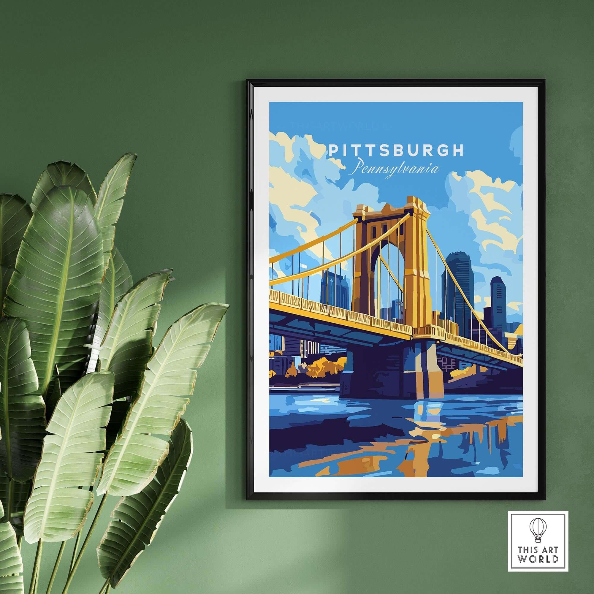 Pittsburgh Travel Print showcasing the iconic yellow bridge and skyline, vibrant colors reflecting the Steel City.