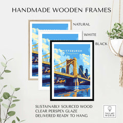 Handmade wooden frames displaying Pittsburgh Travel Print in natural, white, and black finishes.