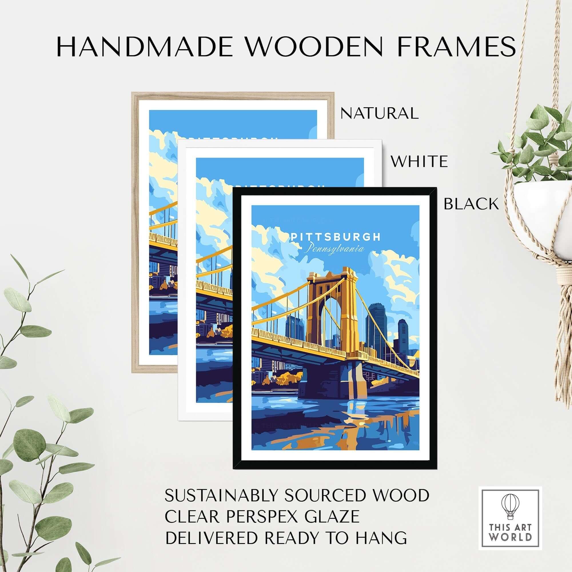 Handmade wooden frames displaying Pittsburgh Travel Print in natural, white, and black finishes.